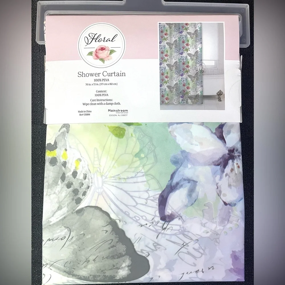 Butterfly Floral Shower Curtain PEVA Multi-Color Watercolor Spring Summer NWT